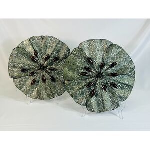 MCM Pair of Metal Round Wall Hangings Accents Green Silver Medallion